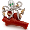 Modern 18K Gold Emerald, Coral, Diamonds Brooch