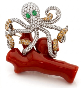 Modern 18K Gold Emerald, Coral, Diamonds Brooch