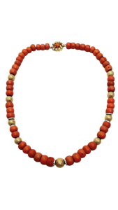 Classic 14K Gold Coral, Pearl, Diamonds Necklace