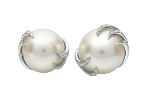 Modern 18K Gold Pearl, Diamonds Earrings
