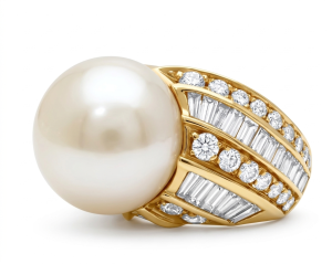 Modern 18K Gold Agate, Pearl, Diamonds Ring