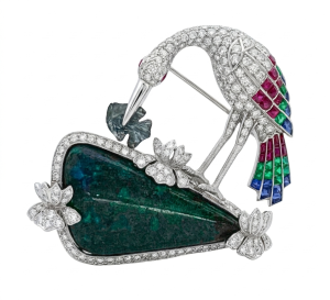 Egyptian Revival style platinum brooch set with diamonds, sapphires, emeralds, rubies and opals