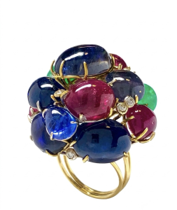 Romantic 18K Gold Emerald, Sapphire, Ruby, Diamonds Ring