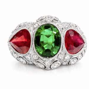 Classic 18K Gold Ruby, Tsavorite, Diamonds Ring