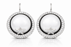 Modern 14K Gold Pearl, Diamonds Earrings
