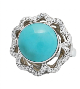 Floral 14K White Gold Turquoise, Diamonds Ring