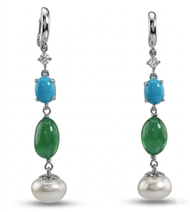 Vintage 14K White Gold Emerald, Turquoise, Pearl, Diamonds Earrings