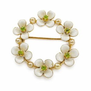Antique 14 carat gold brooch in Art Nouveau style with floral enamel, pearls and gems