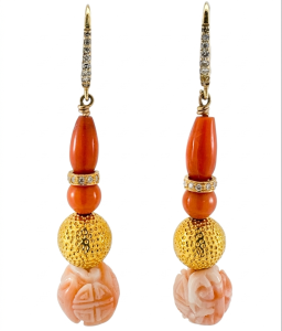 Classic 18K Gold Coral, Diamonds Earrings