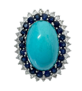 Vintage 18K Gold Sapphire, Turquoise, Diamonds Ring