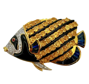 18 carat gold brooch in a tropical fish design set with citrine, sapphires and natural diamonds