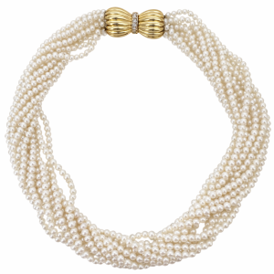 Classic 18K Yellow Gold Pearl, Diamonds Necklace
