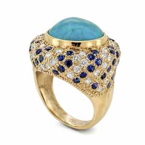 Vintage Gold Sapphire, Turquoise, Diamonds Ring