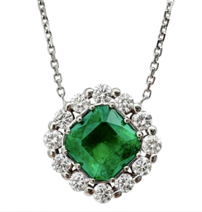 Modern 14K White Gold Emerald, Diamonds Pendant Necklace