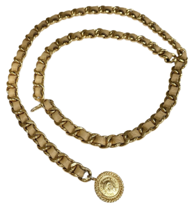 CHANEL PRE-OWNED Gold Plated Chain Belt with Leather & CHANEL Coin Charm